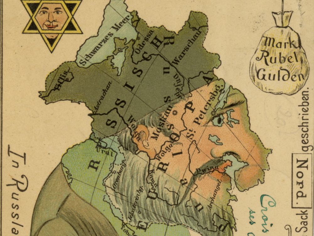 Map of Eastern Europe shaped like a caricatured Jewish face, ca. 1890s-1910s
